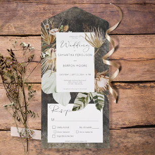 Invitación Todo En Uno Boho Carbón Negro Floral Hierba Cena