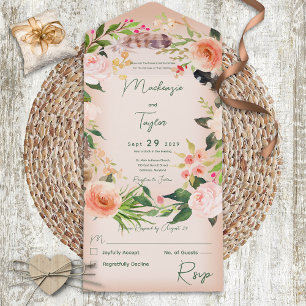 Invitación Todo En Uno Boho Corona de flores de melocotón y plumas sin ce
