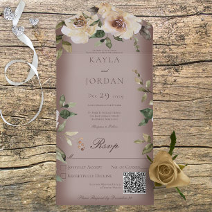 Invitación Todo En Uno Boho Cream Rosas Brown QR Code
