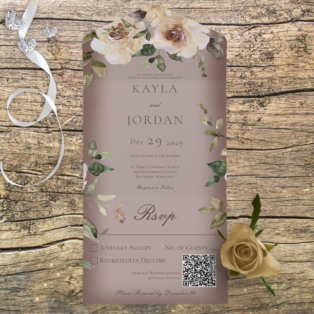 Invitación Todo En Uno Boho Cream Rosas Brown QR Code (Subido por el creador)