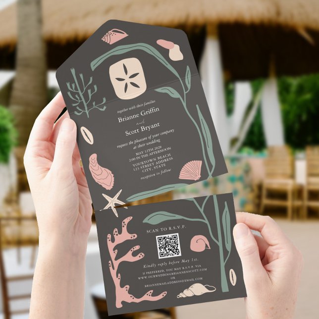 Invitación Todo En Uno Boho Dark Beach Seashell Boda QR RSVP (Subido por el creador)
