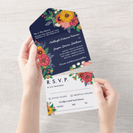 Invitación Todo En Uno Boho de la Marina Roja de Oro Flores Todo En Uno