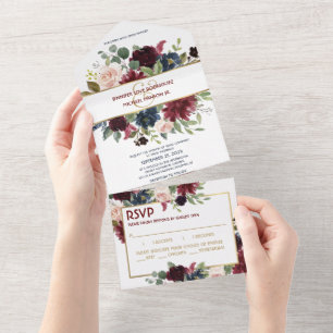 Invitación Todo En Uno Boho de oro azul de la marina RSVP todo en una inv