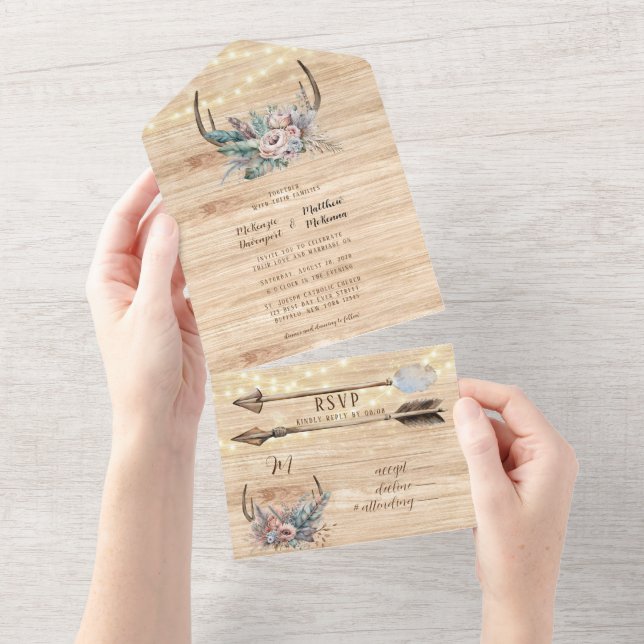 Invitación Todo En Uno Boho Deer Antler Boda Floral (desgarro)