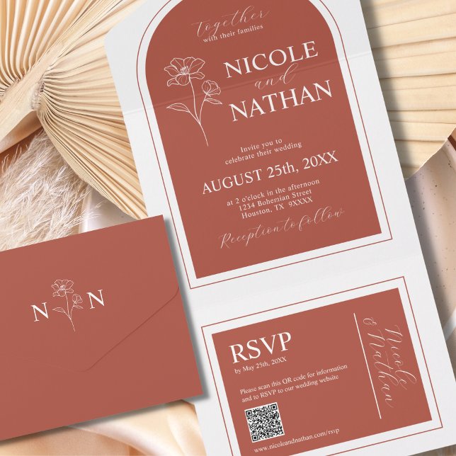 Invitación Todo En Uno Boho Design Terracotta Rust Earth Tone | QR code (Boho Design Terracotta Rust Earth Tone | QR code All In One Invitation)