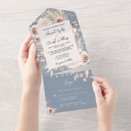 Invitación Todo En Uno Boho Dusty Blue Rustic Floral con Boda RSVP