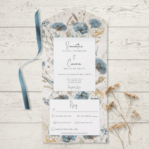 Invitación Todo En Uno Boho Dusty Blue & Tan Floral Monograma Cena