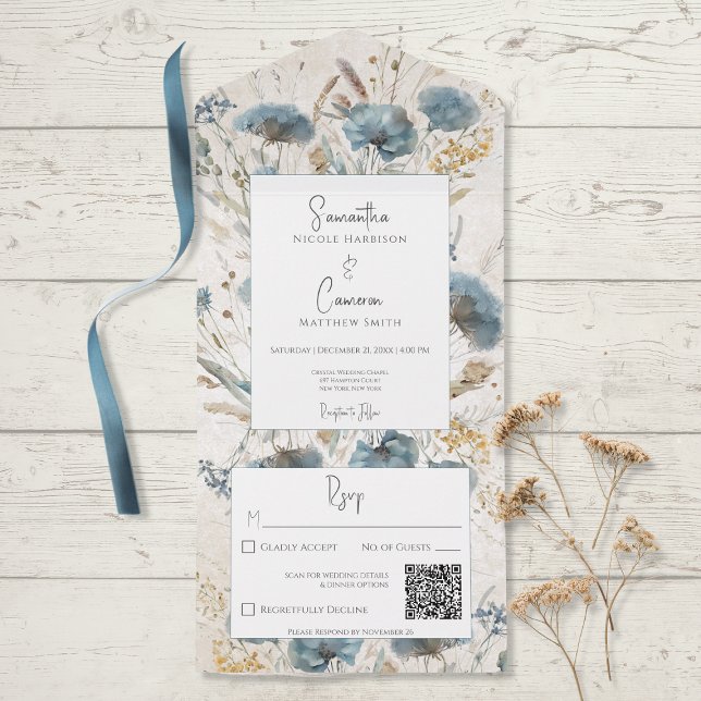 Invitación Todo En Uno Boho Dusty Blue & Tan Floral Monograma QR Código (Subido por el creador)