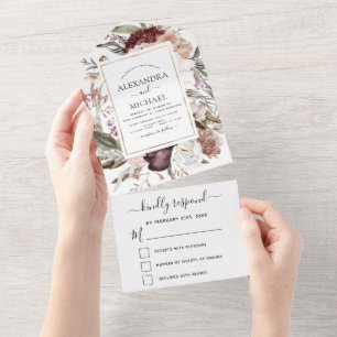 Invitación Todo En Uno Boho Dusty Boda Borgoña Rosa RSVP