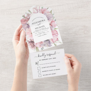Invitación Todo En Uno Boho Dusty Floral Pink Purple Wedding RSVP
