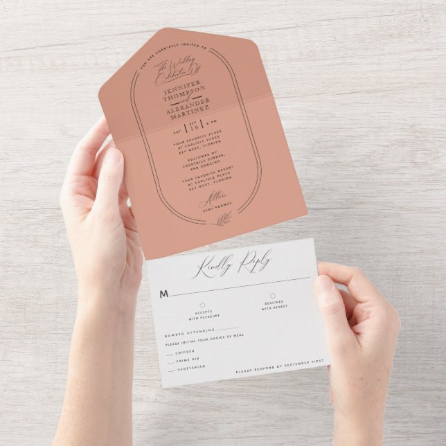 Invitación Todo En Uno Boho Earthy Pale Terracotta Boda Botánico (desgarro)