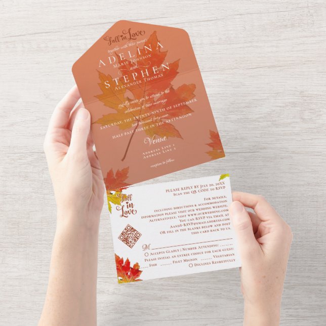 Invitación Todo En Uno Boho Fall Leaves Burnt Orange Fall in Love Wedding (desgarro)