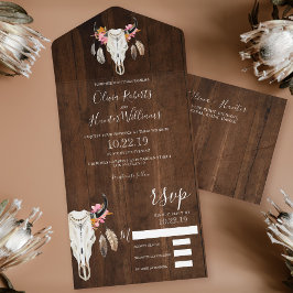 Invitación Todo En Uno Boho Floral Antlers Boda de Madera Oscura