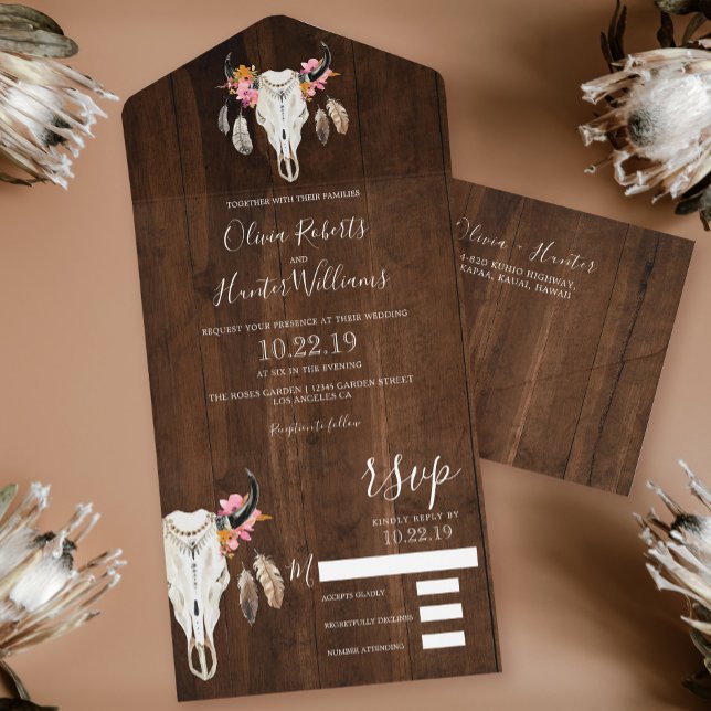 Invitación Todo En Uno Boho Floral Antlers Boda de Madera Oscura (Subido por el creador)