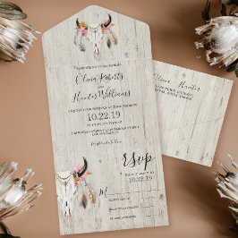 Invitación Todo En Uno Boho Floral Antlers Skull Wood Boda