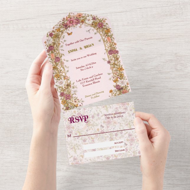Invitación Todo En Uno Boho Floral Arch romantic Wedding Boho  All In One (desgarro)
