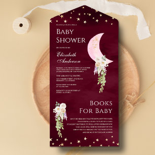 Invitación Todo En Uno Boho Floral Luna Rosa Borgoña Baby Shower
