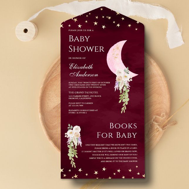 Invitación Todo En Uno Boho Floral Luna Rosa Borgoña Baby Shower (Subido por el creador)