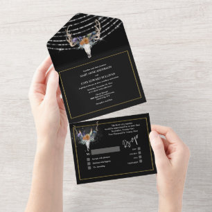 Invitación Todo En Uno Boho floral naranja negro  violeta luces de cuerda