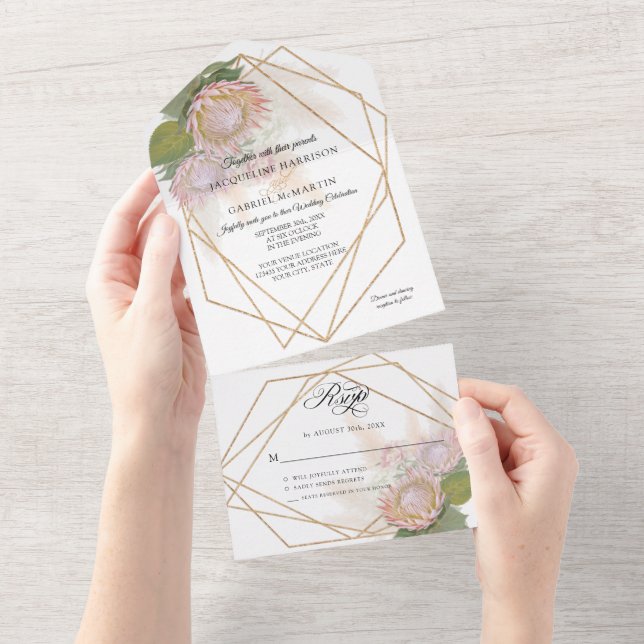 Invitación Todo En Uno Boho Floral Pampas Grass Protea Geométrico Gold To (desgarro)
