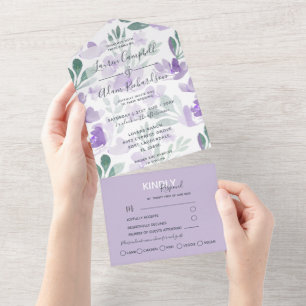 Invitación Todo En Uno Boho Floral Purple Pattern Watercolor Boda