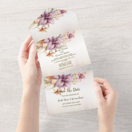 Invitación Todo En Uno Boho Flores rosas de la fiesta de la boda Elegante
