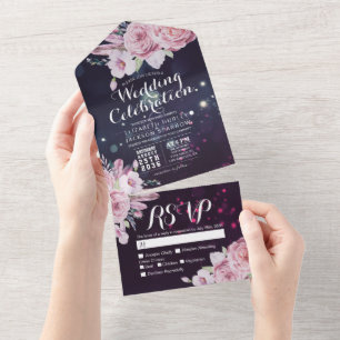 Invitación Todo En Uno Boho Flowers Feathers Purple Sparkle Wedding RSVP