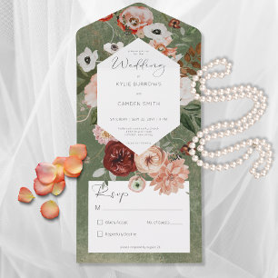 Invitación Todo En Uno Boho Green Burgundy Fall Floral No Dinner