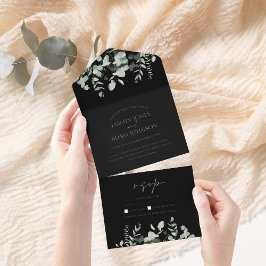 Invitación Todo En Uno Boho Greenery Black Eucalyptus Boda