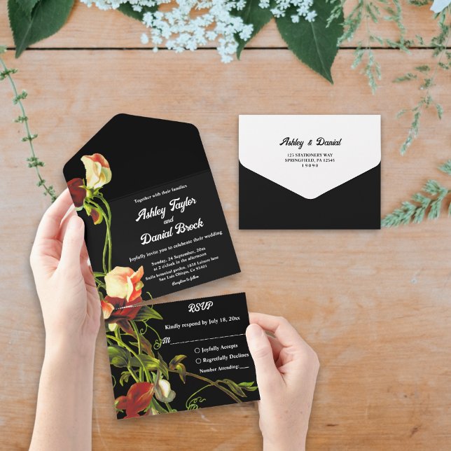 Invitación Todo En Uno Boho Greenery Rosas de Borgoña Boda Floral Negra (Subido por el creador)