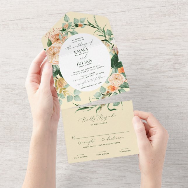 Invitación Todo En Uno Boho Greenery Yellow Floral Boda (desgarro)