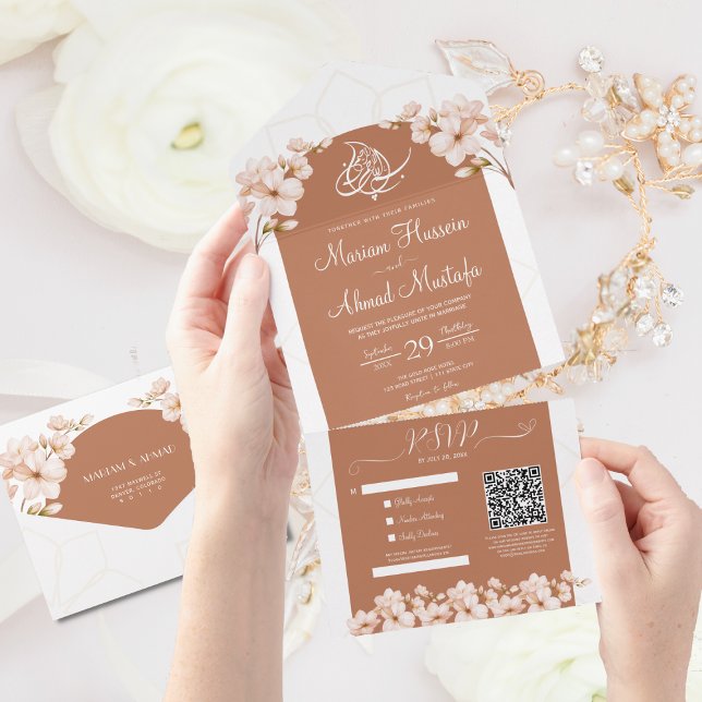 Invitación Todo En Uno Boho islámico moderno Terracotta Floral Nikah Wali (Subido por el creador)