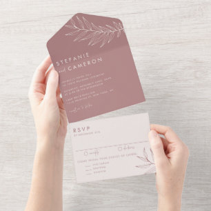 Invitación Todo En Uno Boho Mauve Boda de follaje Minimalista