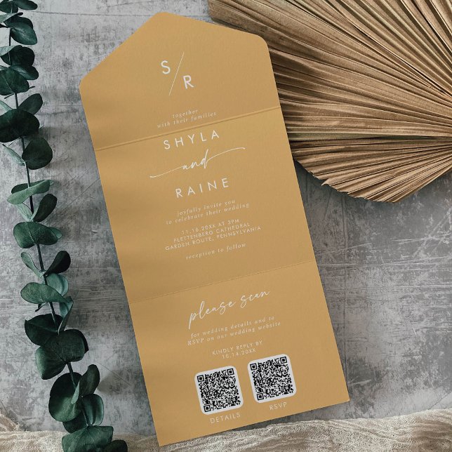 Invitación Todo En Uno Boho Moda Amarillo Marigold Boda de código QR dual (Subido por el creador)