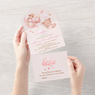 Invitación Todo En Uno Boho Moda Chica de acuarela Teddy Bear con bal ros