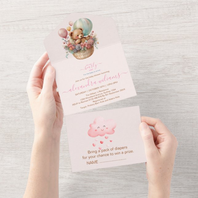 Invitación Todo En Uno Boho Moda Chica de acuarela Teddy Bear con bal ros (desgarro)