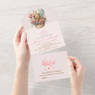 Invitación Todo En Uno Boho Moda Chica de acuarela Teddy Bear con bal ros