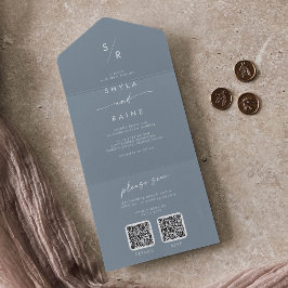 Invitación Todo En Uno Boho Moda Dusty Blue Dos Boda de código QR