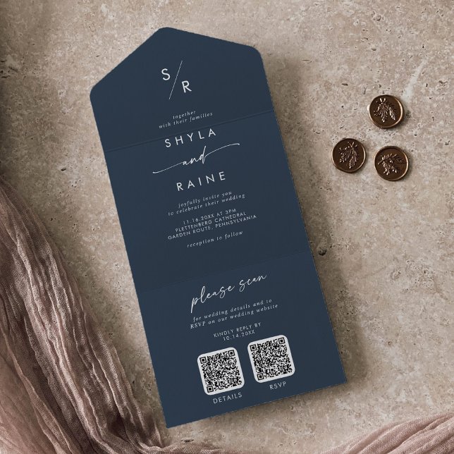 Invitación Todo En Uno Boho Moda Marina Oscura Azul Boda de código QR dua (Subido por el creador)