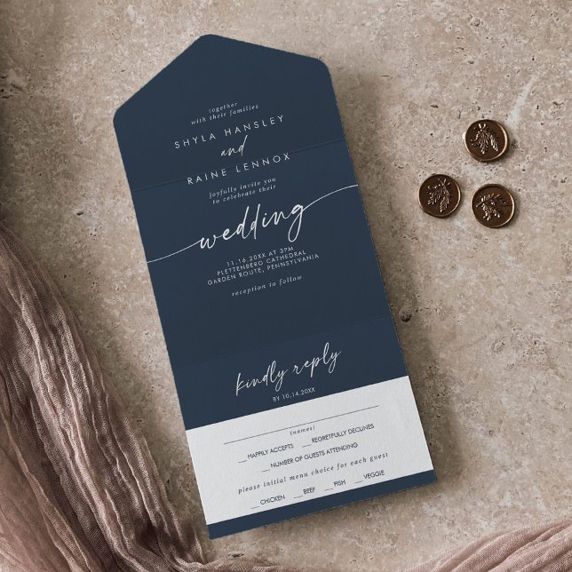Invitación Todo En Uno Boho Moda Marina Oscura Comida Azul Elección Boda  (Subido por el creador)
