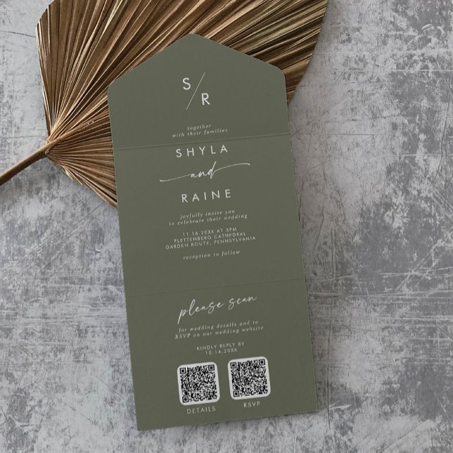 Invitación Todo En Uno Boho Moda Olive Green Dos Bodas de código QR (Subido por el creador)