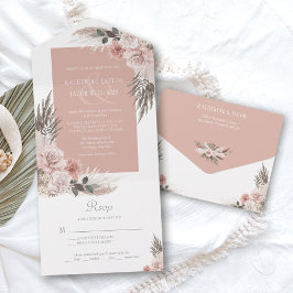Invitación Todo En Uno Boho Moda Pampas Boda Floral de salchicha rosa de 