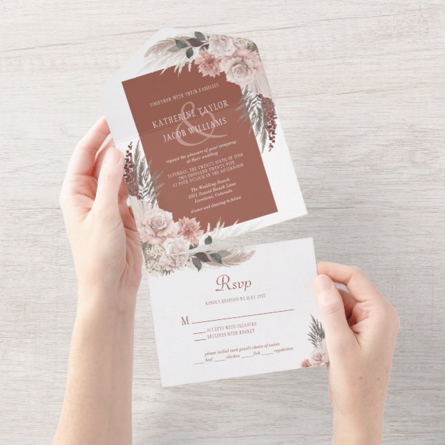 Invitación Todo En Uno Boho Moda Pampas Boda Floral Terracotta Grass (desgarro)