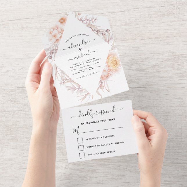 Invitación Todo En Uno Boho Moda Polvorienta Boda del Desierto Rosa RSVP (desgarro)