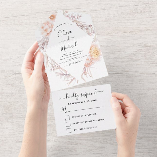 Invitación Todo En Uno Boho Moda Polvorienta Boda del Desierto Rosa RSVP (desgarro)