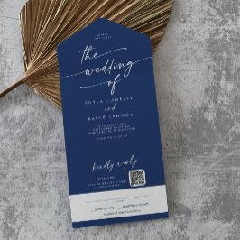 Invitación Todo En Uno Boho Moda Real Azul QR Código Correo En Boda