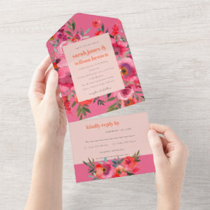 Invitación Todo En Uno Boho Naranja rosa caliente acuarela Boda floral
