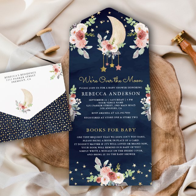 Invitación Todo En Uno Boho Navy Burgundy Estrellas florales en Baby Show (Subido por el creador)