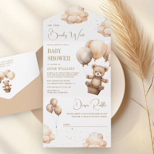 Invitación Todo En Uno Boho Neutral Brown Teddy Bear Globos Baby Shower