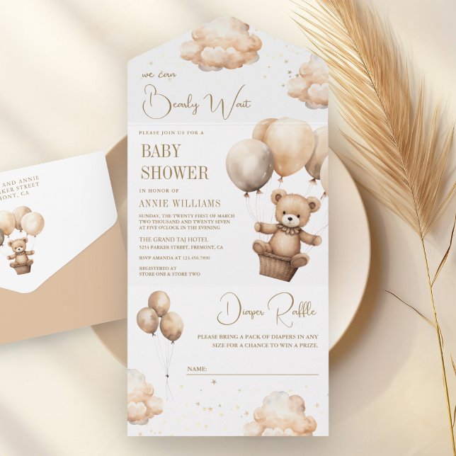 Invitación Todo En Uno Boho Neutral Brown Teddy Bear Globos Baby Shower (Subido por el creador)